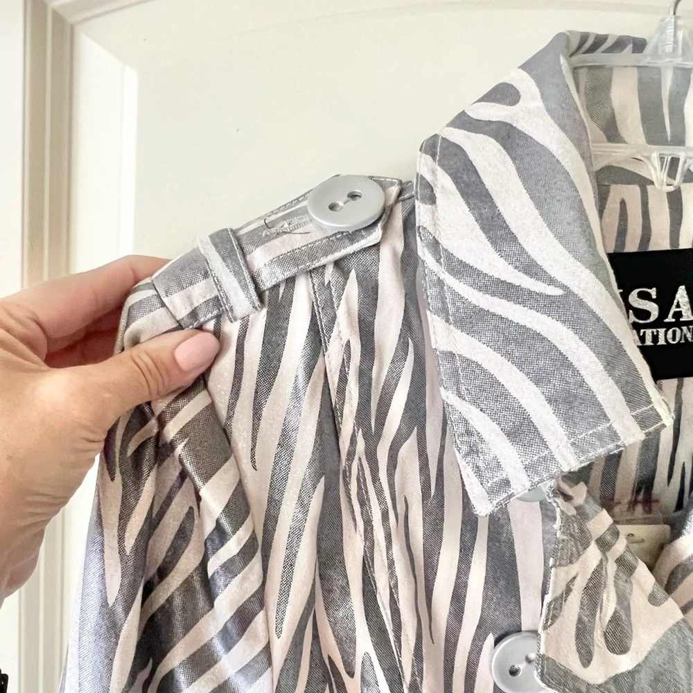 Lisa International Silver Metallic Zebra Print Double Breasted Belted Jacket M
